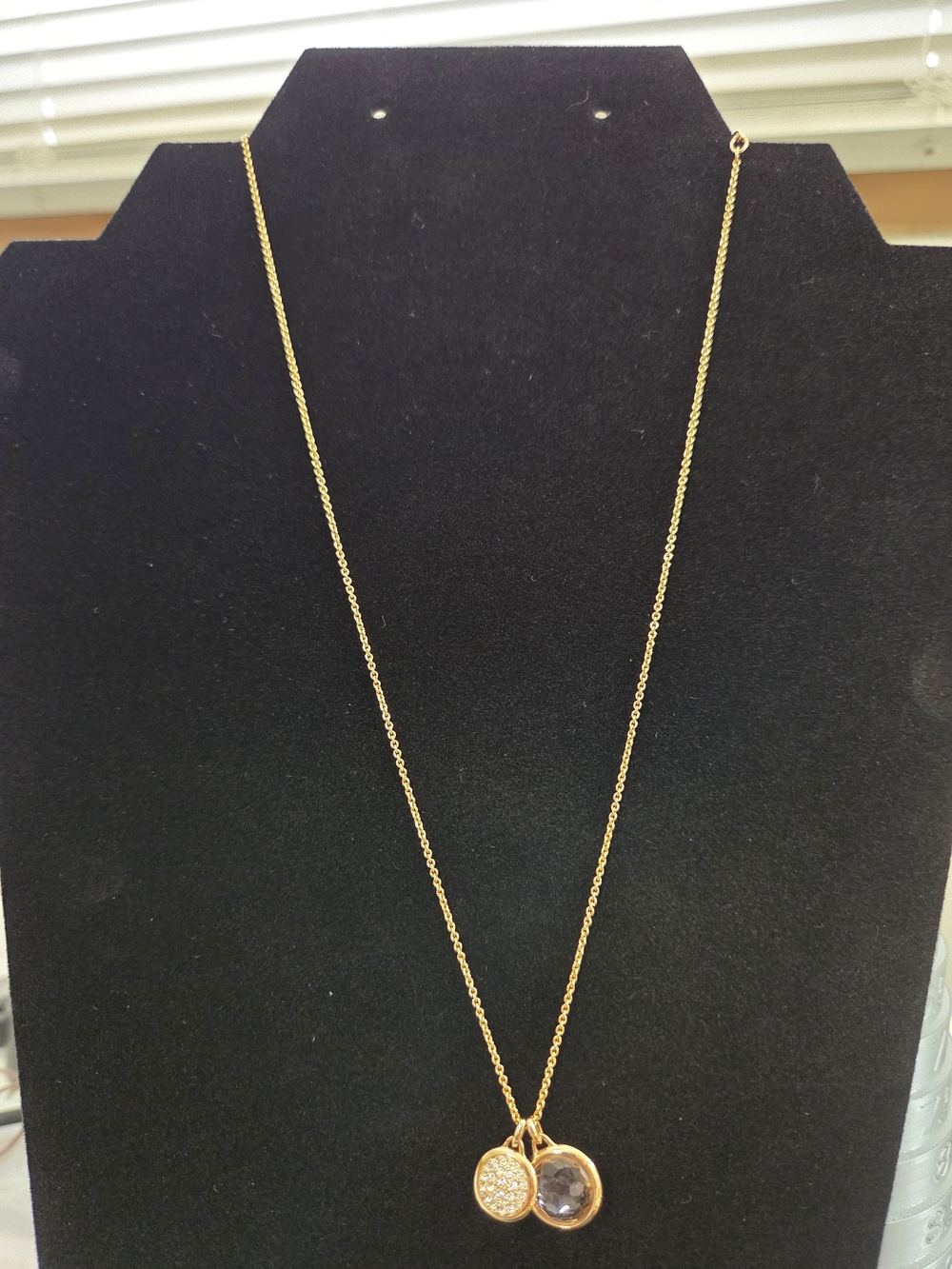 Gold Double Pendant Necklace with Crystal and Pave Disc